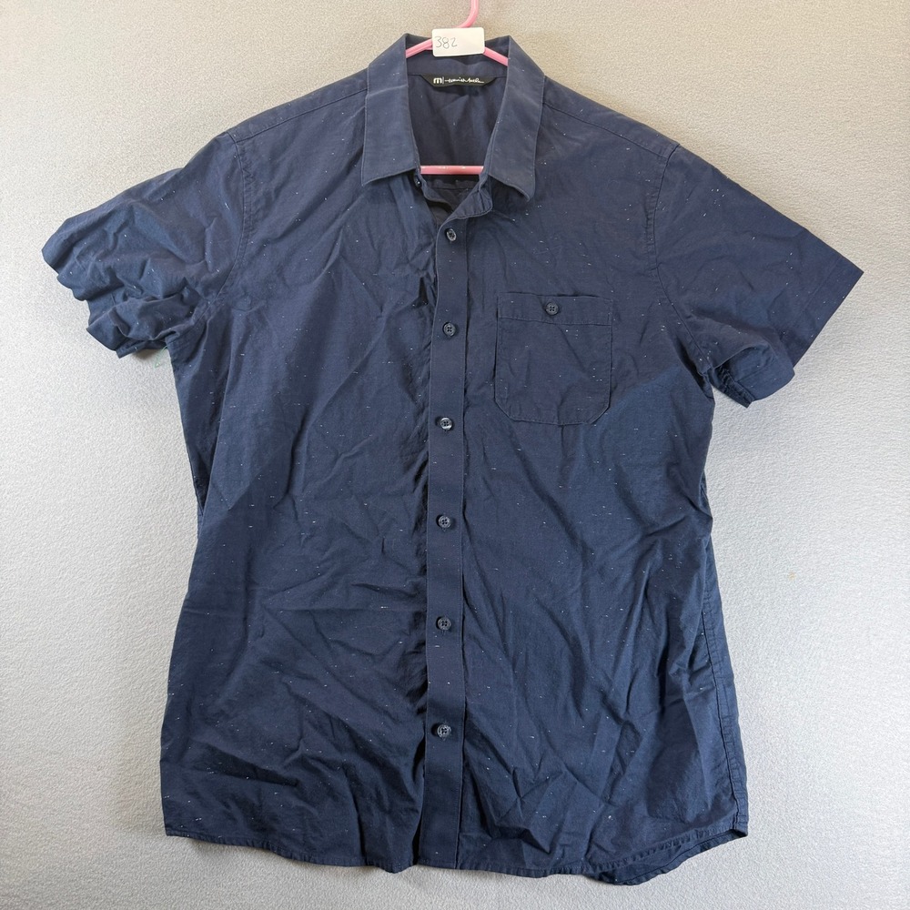 TravisMathew Mens Medium Navy Blue Flecked Short Sleeve Button Down Shirt Pocket